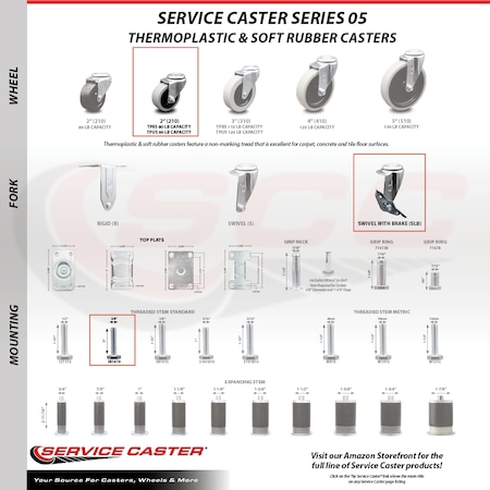 Service Caster 2 Inch Polyurethane Wheel 3/8 Inch Threaded Stem Caster with Brake SCC SCC-TS05S210-TPUS-SLB-381610